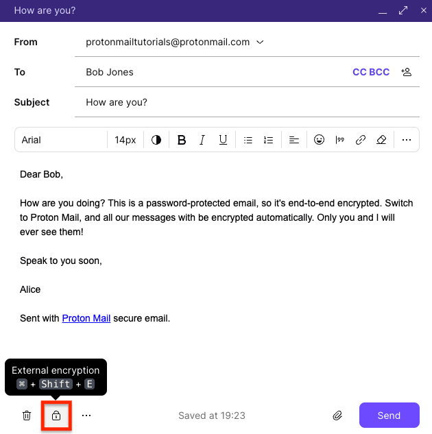 Padlock button to password-protect an email to securely send sensitive information to someone who is not on Proton Mail