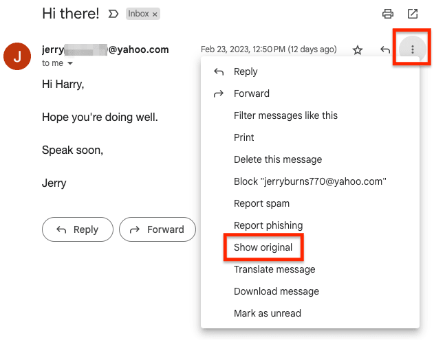 Show original option to view email headers in Gmail