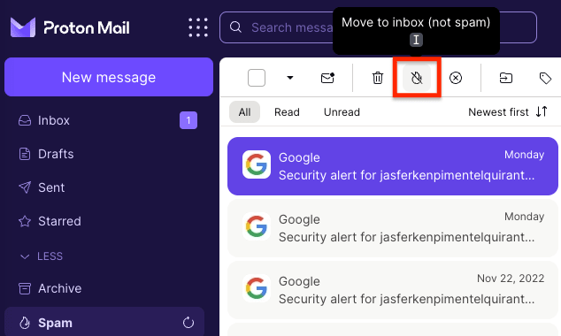 Proton Mail Move to inbox (not spam) button