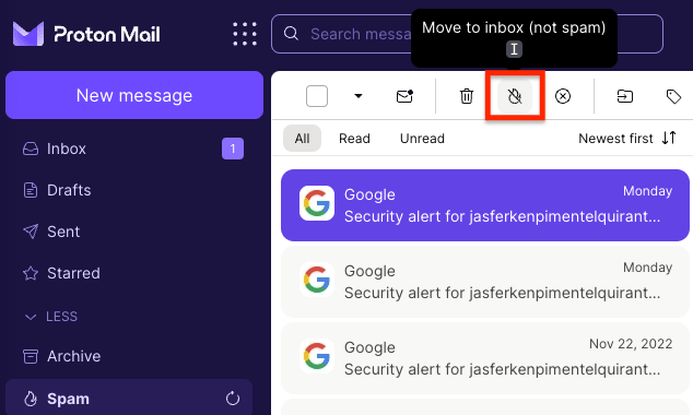 Pulsante Proton Mail Sposta in posta in arrivo (non spam)