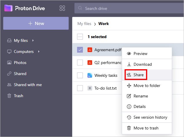 Proton Drive shows the "Share" option for a PDF file