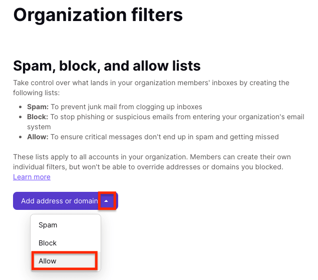 Allow option in the dropdown menu on the Add address or domain button