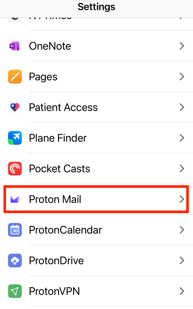 Select Proton Mail in iOS Settings