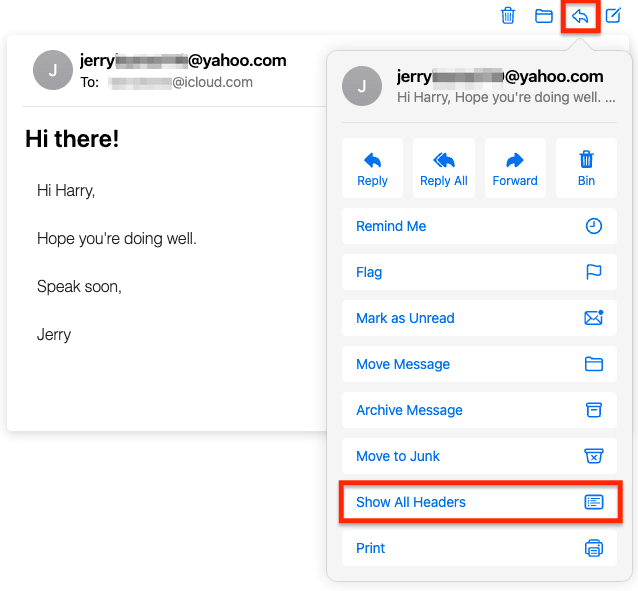 Show All Headers option to view email headers in Apple iCloud