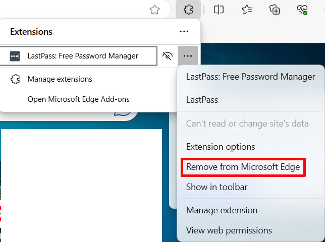 Menu Edge pour supprimer LastPass