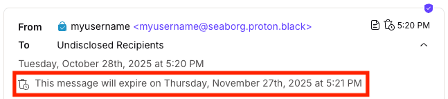 When a data retention rule is set, organization members can see when an email was scheduled to expire by the administrator
