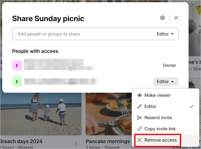 The Proton Drive web app show how to remove album access