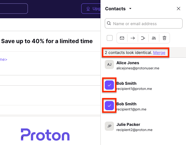 Banner warning you that you have a number of duplicates in Proton Contacts