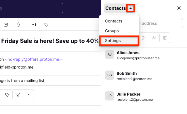 Settings option in the Contacts dropdown menu in the Proton Mail side panel