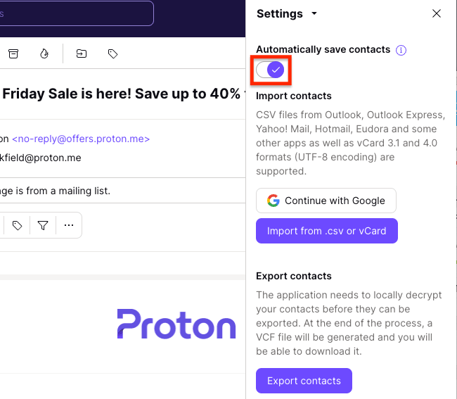 Automatically save contacts switch in the Proton Contacts Settings
