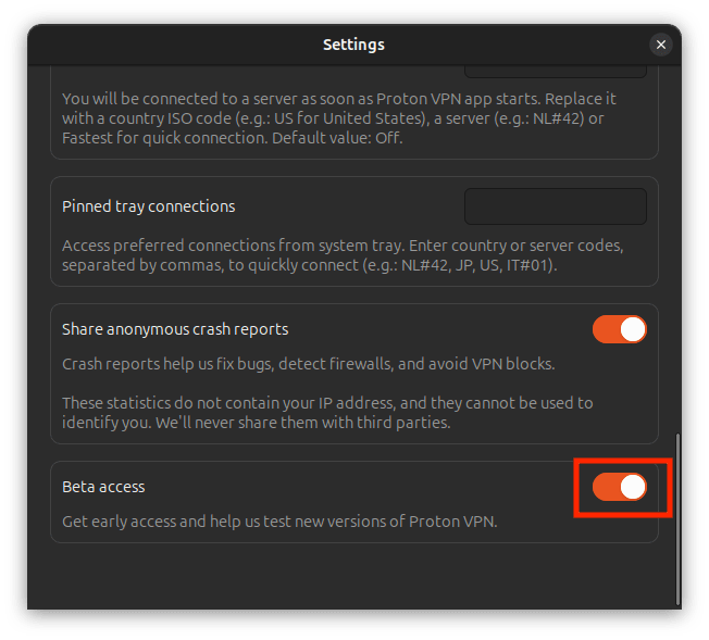 Toggle beta access on