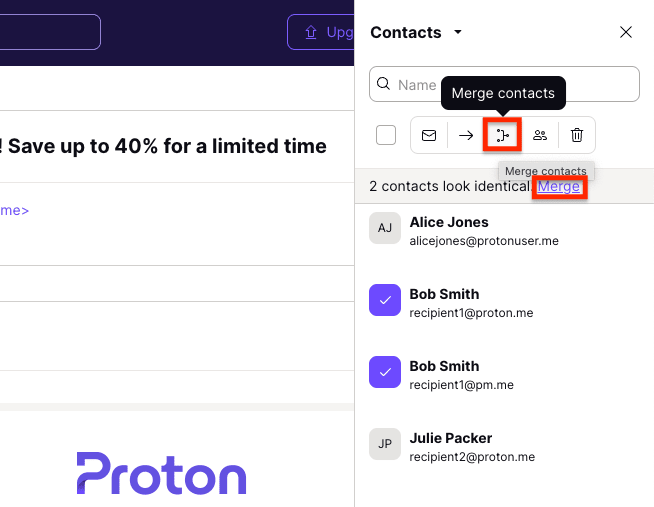 Merge contacts icon and merge contacts link to merge duplicate contacts in Proton Contacts