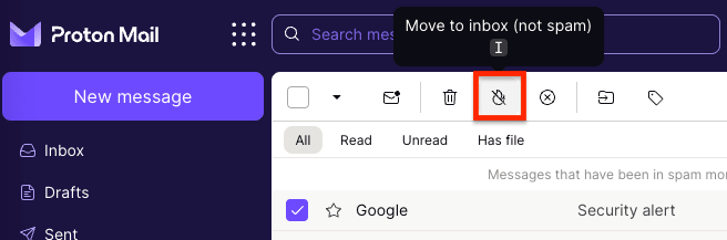 The move to inbox icon button in your spam folder