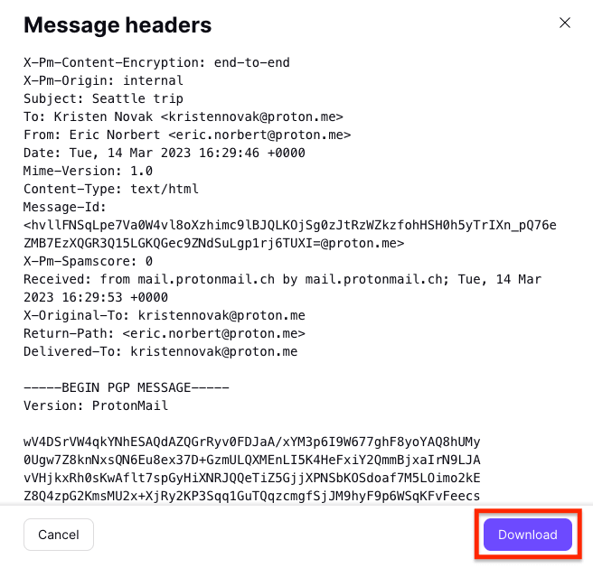 Download button to download email header in Proton Mail