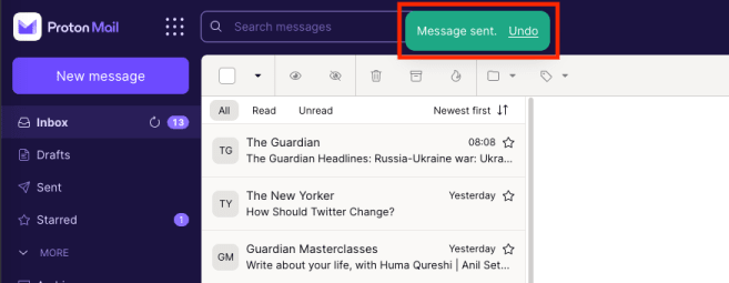 Message sent notification and link to Undo button