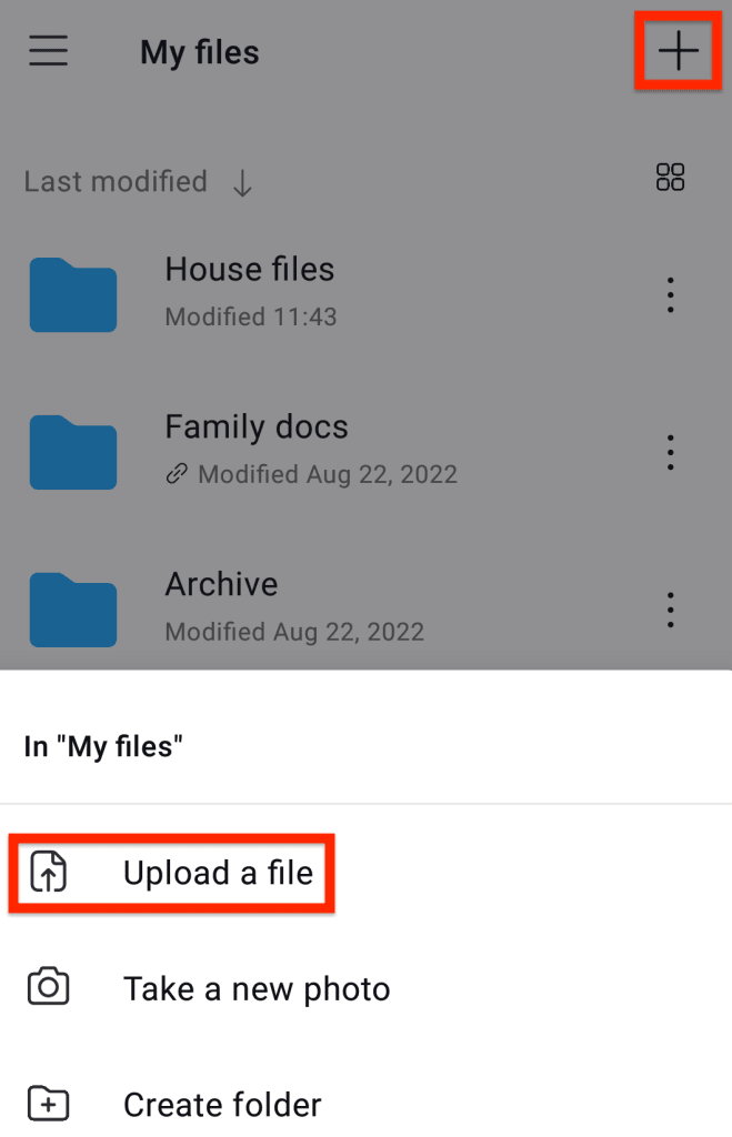 Upload a file option in Proton Drive for Android