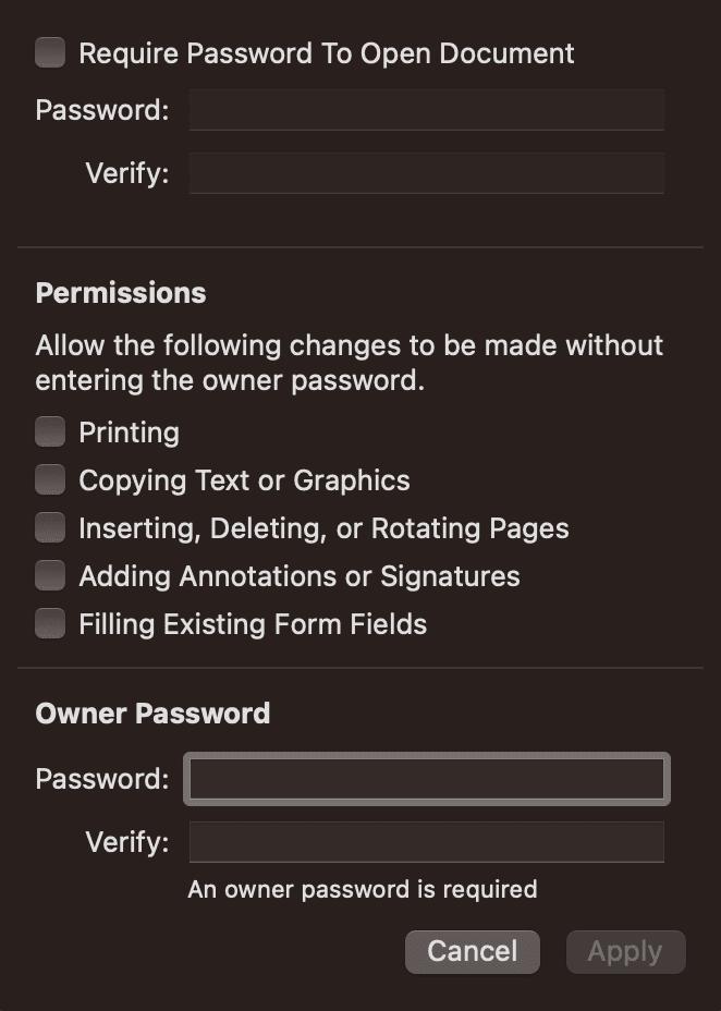 The Preview app on Mac shows the PDF password protection options