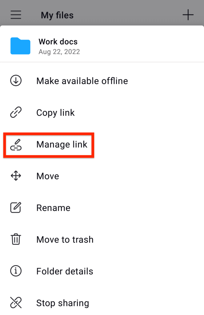 Manage link option in the Proton Drive app for Android