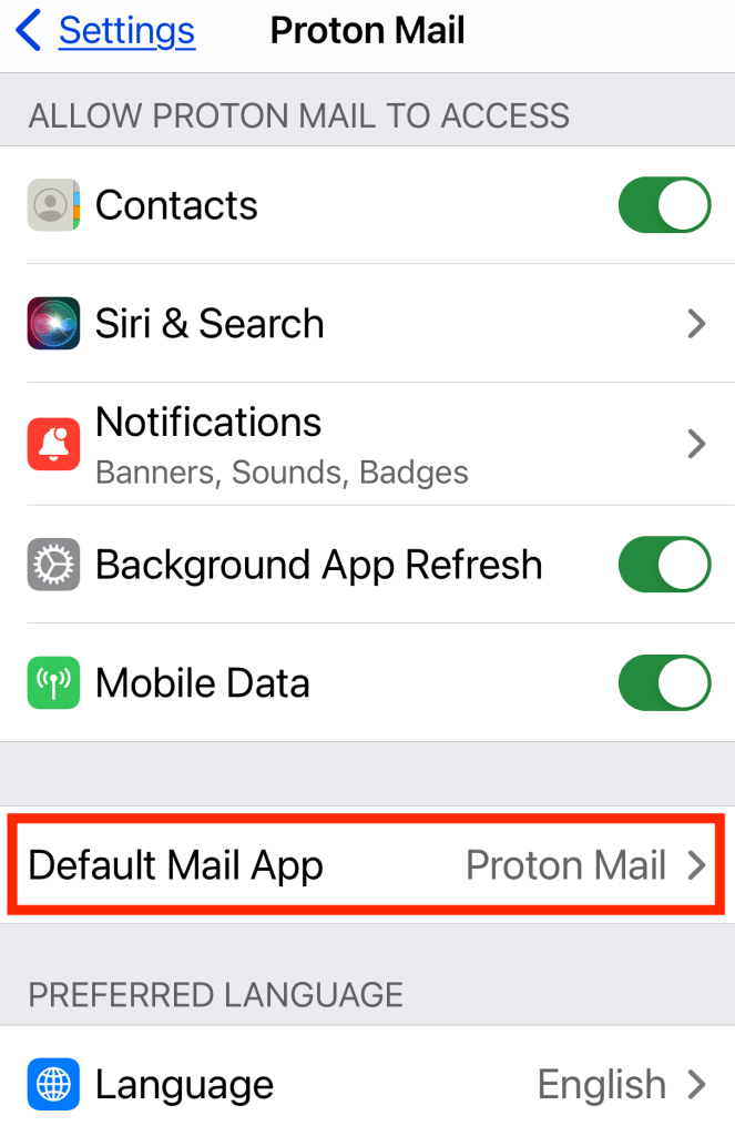 Showing the Default Mail App option to select Proton Mail