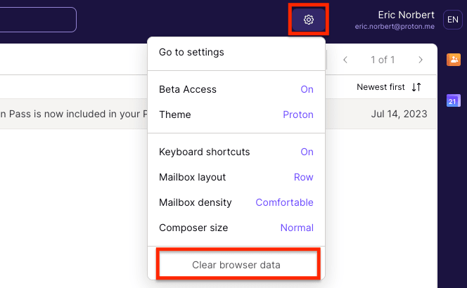 Clear browser data option in settings