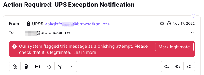 Proton Mail email with banner warning that the message looks like a phishing email