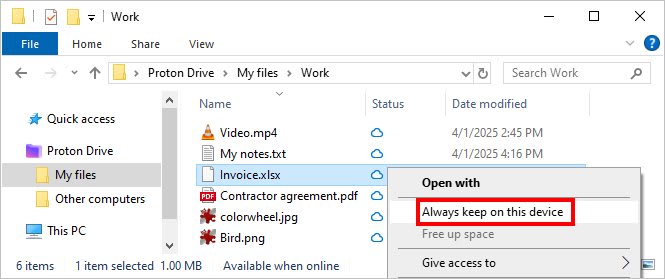 Proton Drive shows how to change a file's status to "Always keep on this device" from the right-click menu in the Windows File Explorer