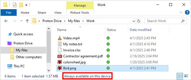 Proton Drive shows the "Always available on this device" sync status in the Windows File Explorer