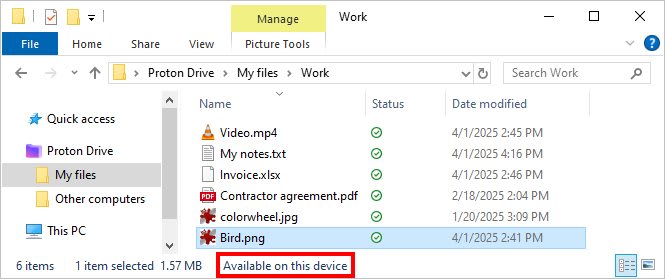 Proton Drive shows the "Available on this devce" sync status in the Windows File Explorer