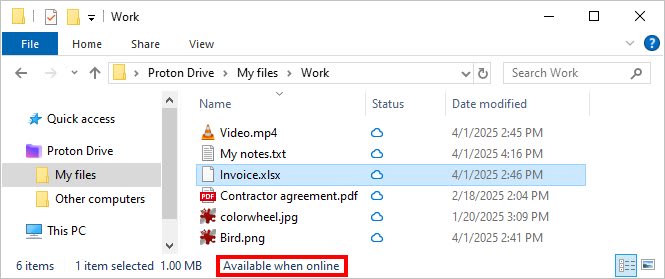 Proton Drive shows the "Available when online" status in the Windows File Explorer