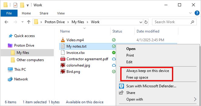 Proton Drive highlights the "Always keep on this device" and "Free up space" options in the Windows right-click menu