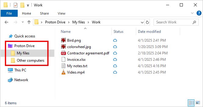 The Windows File Explorer highlights the Proton Drive location and folders
