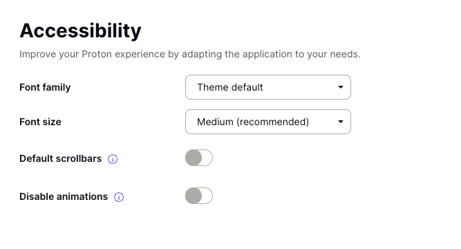 The Accessibility section in Proton web app settings