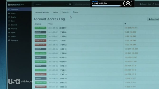 Elliot Alderson, the main character of Mr. Robot, using Proton Mail's new email access log system in season 1 episode 8