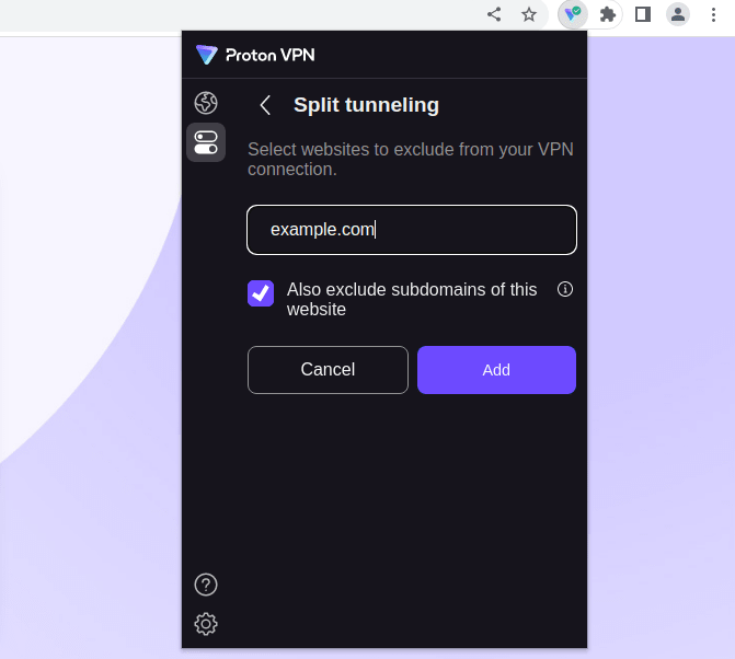 Enter a domain you wish to exclude from the VPN