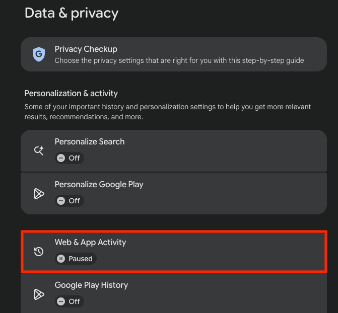 The Google account "Web & App Activity" setting