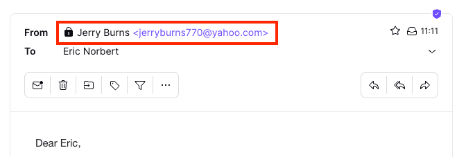 Feld „Von“ im E-Mail-Header zeigt, dass der Anzeigename und die E-Mail-Adresse übereinstimmen