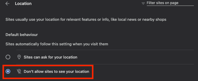 Google Chrome highlights the "Don't allow sites to see your location" setting