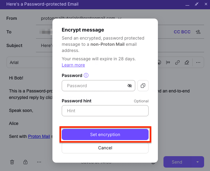 Set encryption button to add a password to a Password-protected Email in Proton Mail