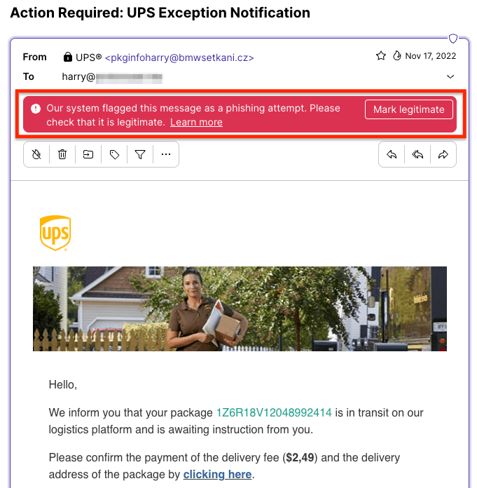 Bannière rouge de Proton Mail avertissant que ce message a été signalé comme une tentative de phishing.