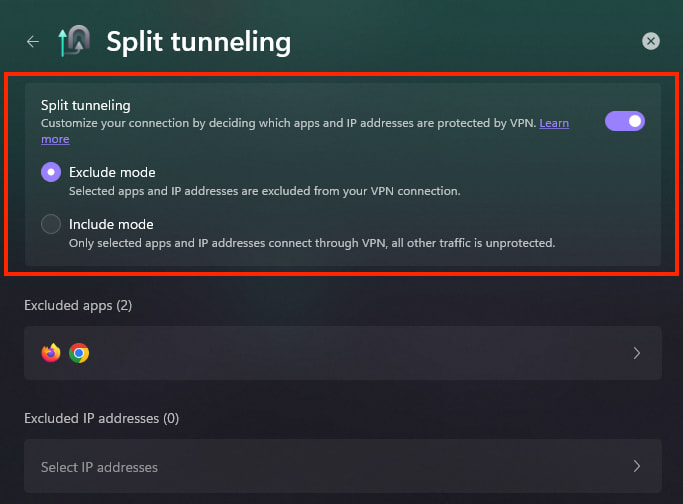 Split tunneling on Windows 2