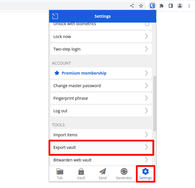 Export vault from Bitwarden