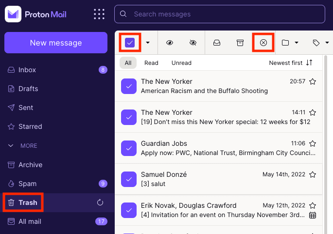 Buttons to select and permanently delete messages in the Trash