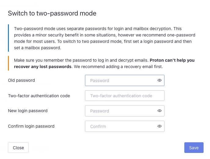 Boxes to add a new login password to switch to two-password mode