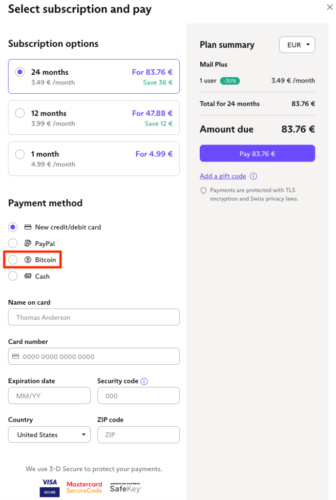 Select Bitcoin as payment method