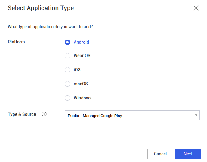Select Android and Public - Managed Google Play