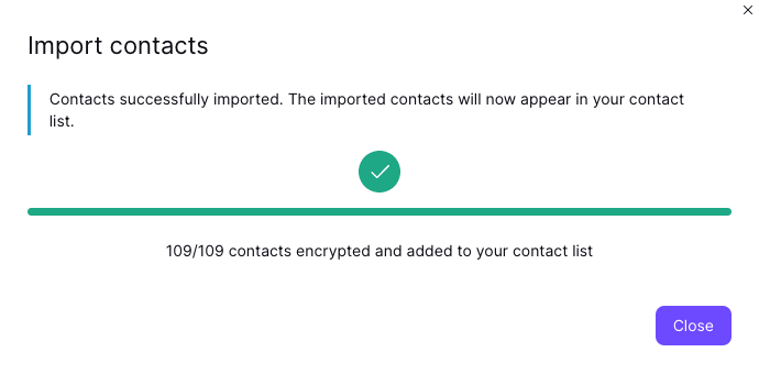 Message saying contacts successfully imported with Close button to return to Proton Mail