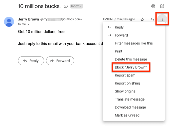 Option de blocage de l'expéditeur dans Gmail