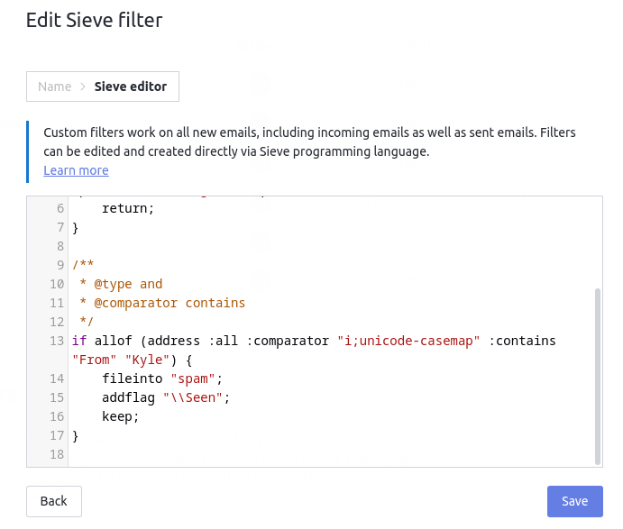 Same filter viewed in Sieve editior