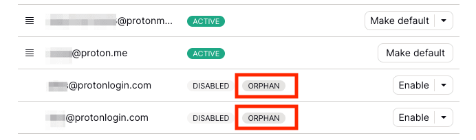 List of my addresses with ORPHAN labels show addresses whose domain name has been deleted