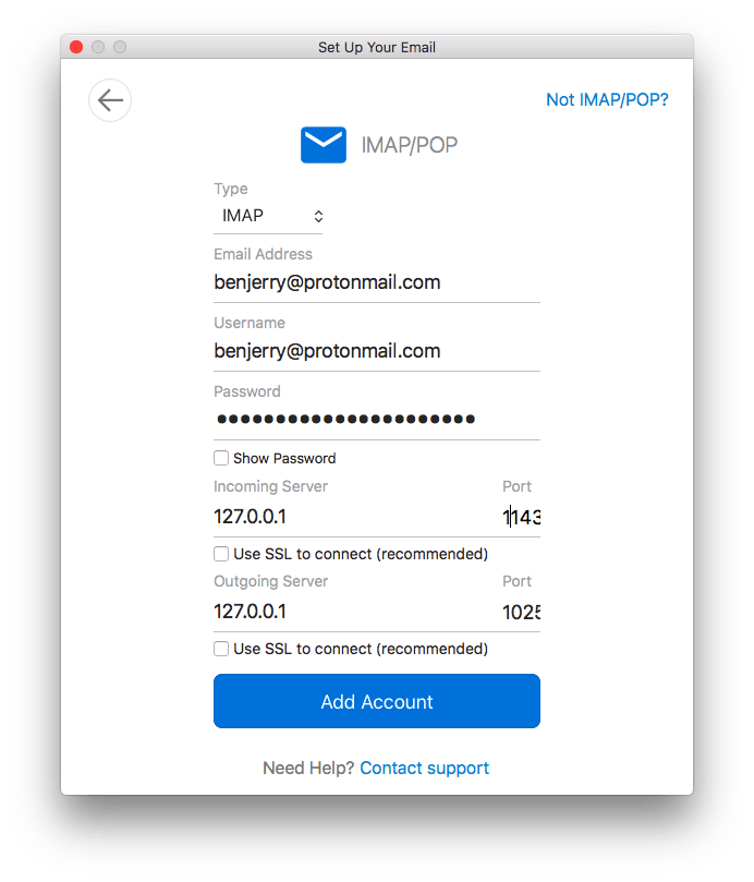 Enter your Proton Mail Bridge account details